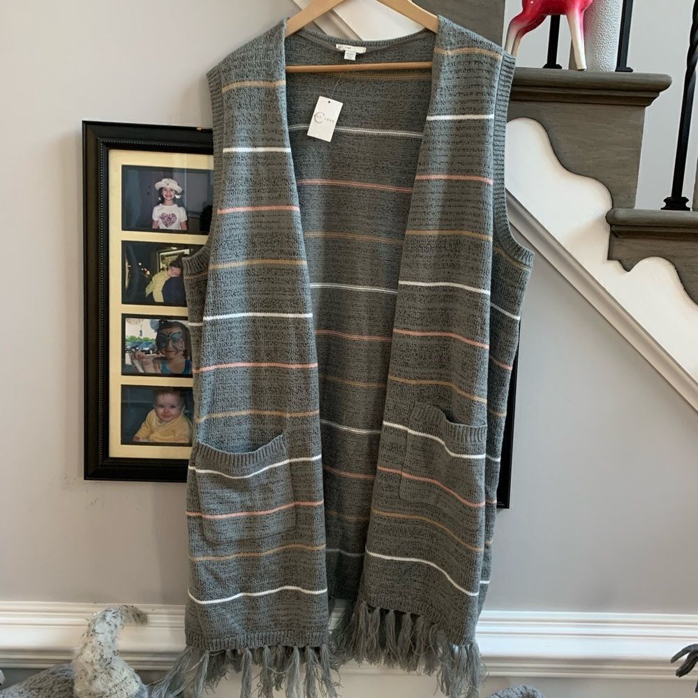 Est. 1946 Gray Stripe Long Open Cardigan Sweater Fringed Vest sz 22/24W NWT